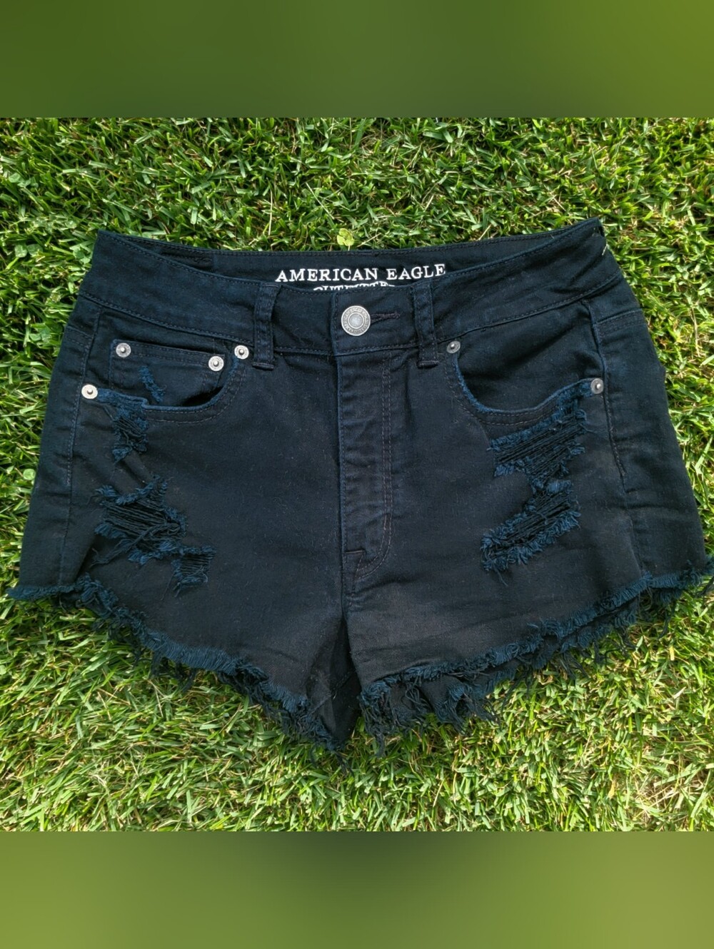 American Eagle Hi-Rise Festival Black Distressed Jean Shorts Size 6, Raw Hem